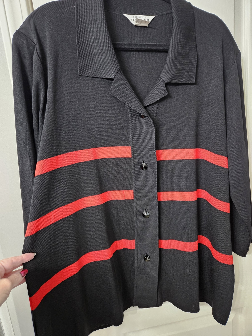 Misook Black Button-Front Cardigan with Red Horizontal Stripes